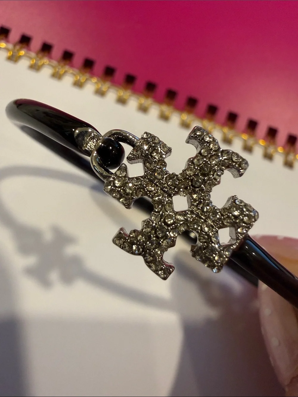 Tory Burch | Silver & Black Enamel Crystal Logo Hinged Bracelet | Medium